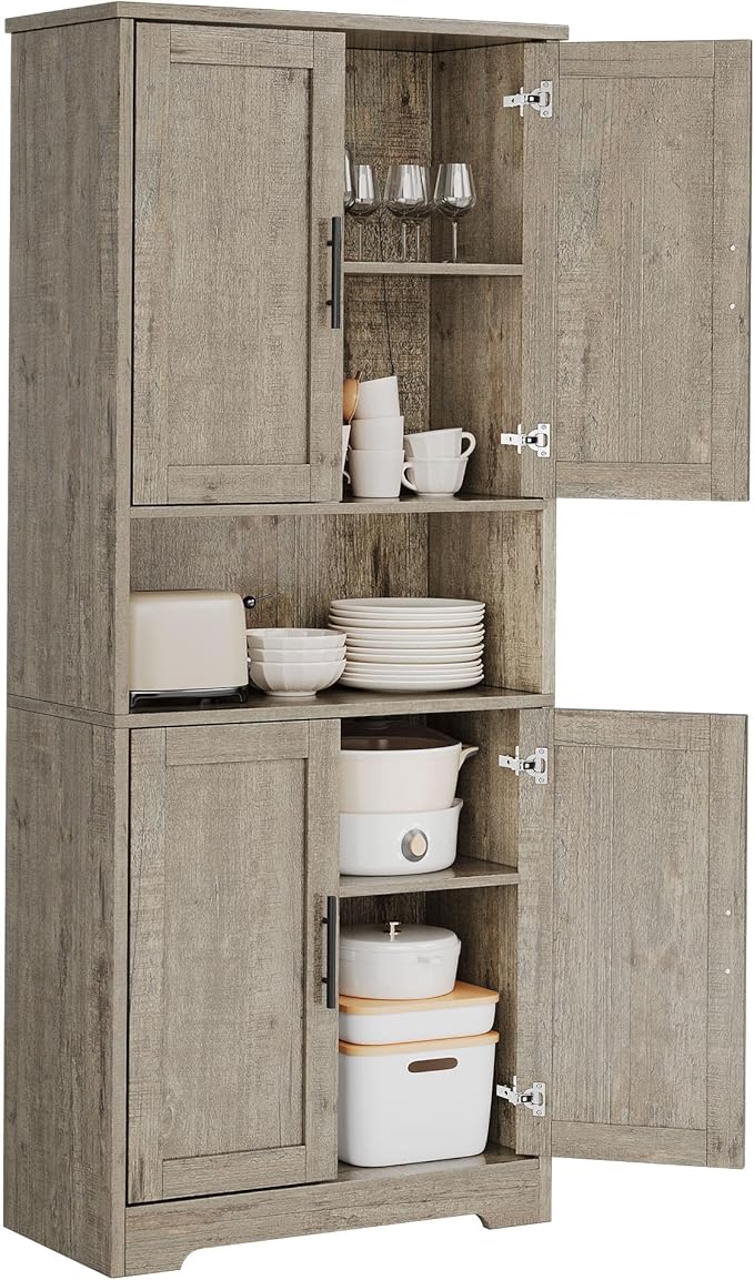 GarveeHome 70 Inch Tall Kitchen Pantry Cabinet, Freestanding Storage Cabinet with 4 Doors and Adjustable Shelves, Utility Hutch Cupboard for Dining Room, Bathroom, Living Room (Style B, Gray)