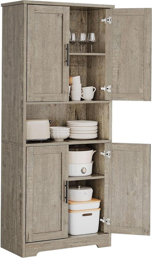 GarveeHome 70 Inch Tall Kitchen Pantry Cabinet, Freestanding Storage Cabinet with 4 Doors and Adjustable Shelves, Utility Hutch Cupboard for Dining Room, Bathroom, Living Room (Style B, Gray)