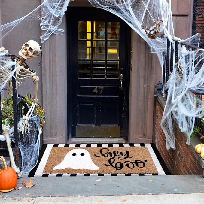2 Pcs Halloween Doormat Hey Boo Ghost Outdoor Welcome Mats for Front Door Non Slip Ghost Coir Floor Mat Black White Stripe Halloween Rug for Outside Front Porch Entryway Decor