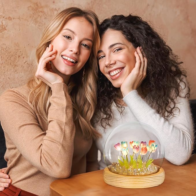 ONXE Birthday Flower Gifts for Mom,Tulips Night Light Small Glass Flower Lamp with Wooden Base for Home Decor Romantic Unique Christmas Gift for Women Girlfriend Sister Grandma Wife Her