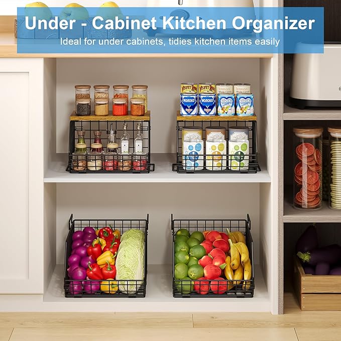 X-cosrack 2-Tier Stackable Wire Baskets with Wood Lids, Fruit Basket for Kitchen Counter, Wall-mounted Baskets for Potato and Onion Storage, Metal Baskets for Snack Produce Cans