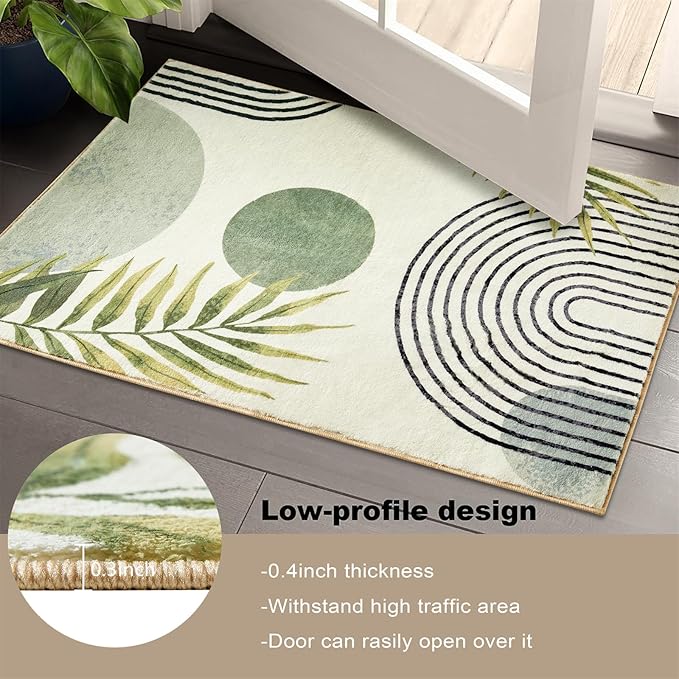 RoomTalks Mid Century Modern Washable Rug, Green Boho Cute Aesthetic 5x7 Area Rugs for Bedroom Dining Room Living Room Office, Abstract Tropical Leaves Thin Shaggy Indoor Entryway Rug Carpet
