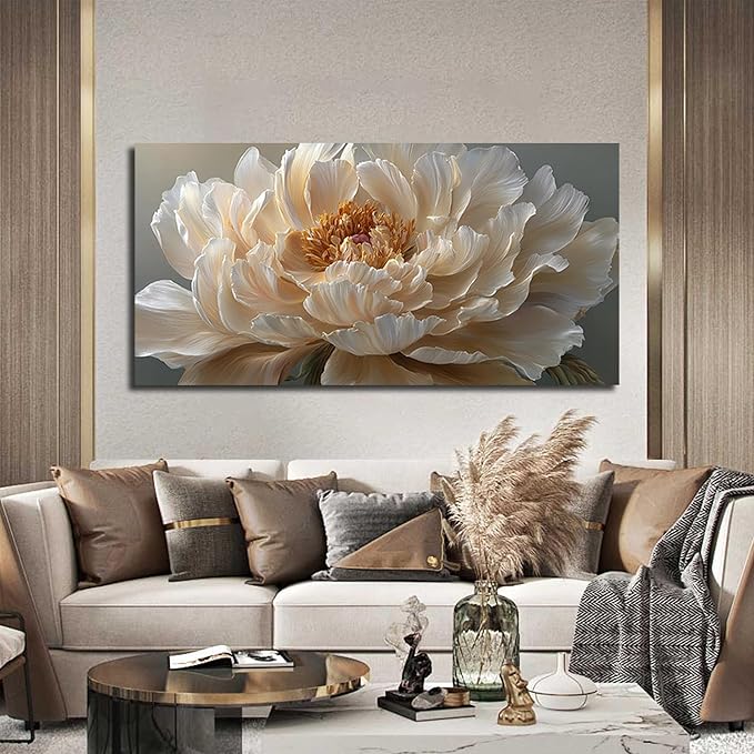 Ouzzlie Large Flower Canvas Wall Art Floral Wall Decor Light Yellow Peony Picture Art for Bedroom Living Room Office Modern Artwork Posters 29" x 59"