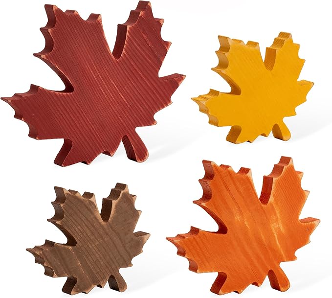 4PCS Fall Wooden Leaves Decor Wood Maple Leaf Sign Thanksgiving Table Decor Gift for Autumn Farmhouse Rustic Centerpieces Tabletop Tiered Tray Shelf Props Vintage Harvest Home Indoor Decorations