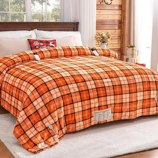 Heated Electric Blanket Queen Size, 84X90 Heating Blanket Queen with Dual Control&10 Heats Levels&Timer for Bed,Orange Plaid Sherpa Blankets Warmer Gift for Grandma Women Halloween Home Decor, ETL