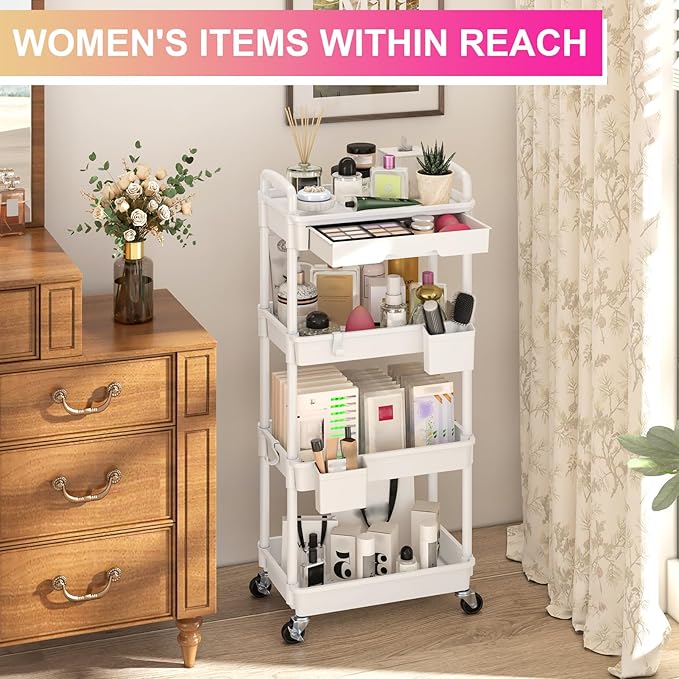 Goovilla 4 Tier Rolling Utility Cart Organizer with Removable Drawer, Stable and Sturdy White Rolling Storage Carts with 2 Lockable Wheels for Bathroom, Kitchen, Snack, Craft, Makeup, Baby Essentials