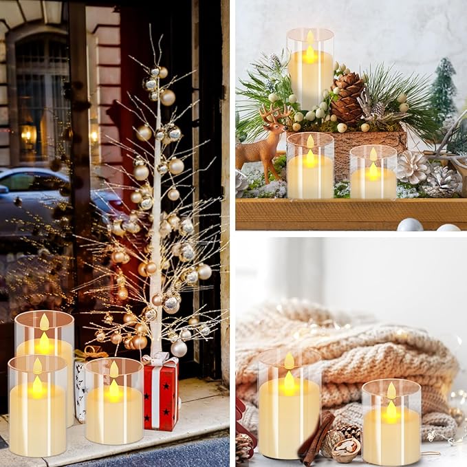 Flameless Candles 4" 5" 6" Set of 3 Acrylic Glass Pillars 3" Diameter Battery Operated Flickering Candles Include Remote with Timer for Home Decor Wedding Festival Cafe Restaurant Decor