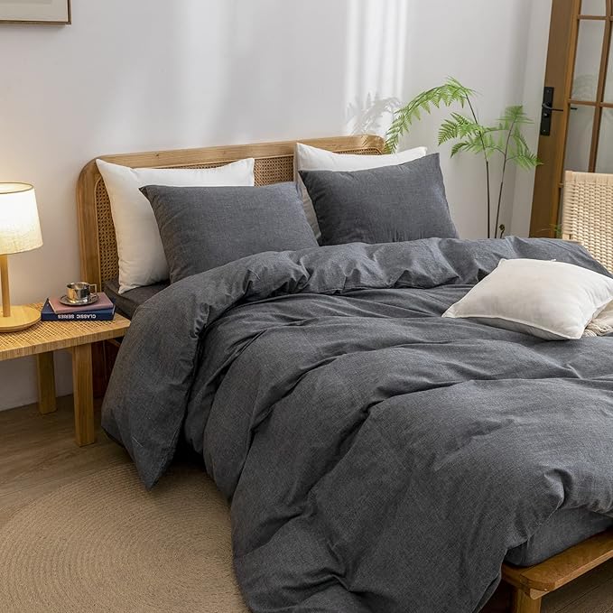BESTOUCH Duvet Cover Set 100% Washed Cotton Linen Feel Super Soft Comfortable Chic Lightweight 3 PCs Home Bedding Set Solid Dark Black Queen