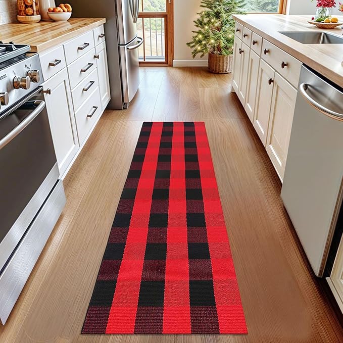 KOZYFLY Buffalo Plaid Rug 2x6 Ft Runners for Hallways Washable Checkered Rug Red and Black Christmas Rugs Woven Cotton Kitchen Fall Rug Halloween Decor for Hallway Kitchen Living Room