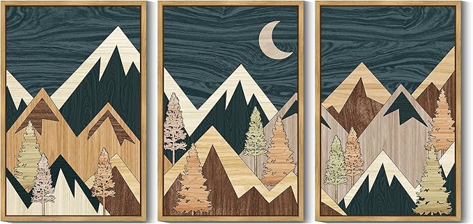 KUVIOKE Woodcut Pine Tree Forest Mountains Framed Wall Art Nature Landscape Prints Morden Farmhouse Bedroom Hallway Ready to Hang 24x36in (Natural Framed)