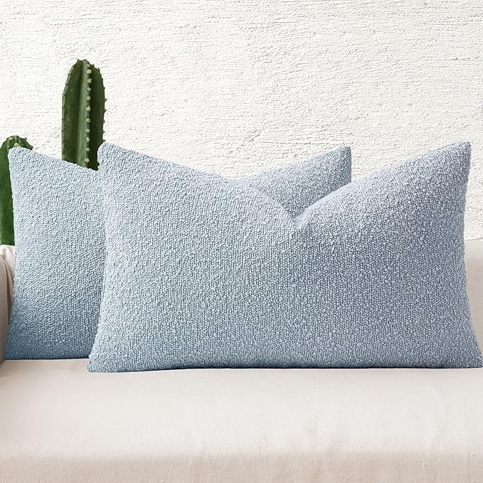 MIULEE 12x20 Inch Decorative Lumbar Throw Pillows for Bed Set of 2 Textured Boucle Neutral Throw Pillow Covers Light Blue Accent Solid Pillowcase Cozy Soft Sofa Livingroom Home Decor
