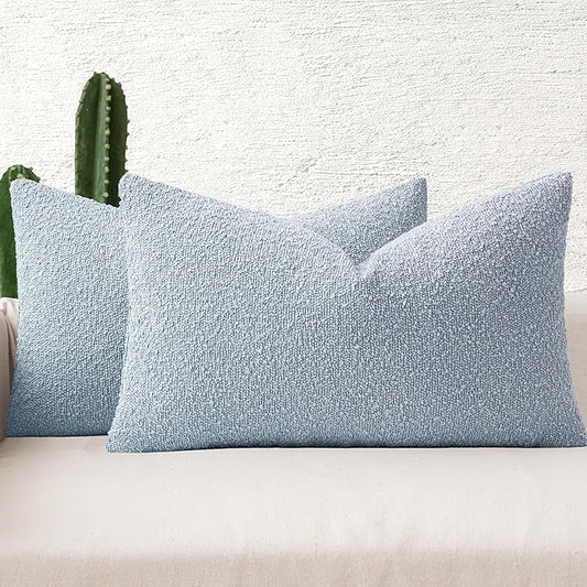MIULEE 12x20 Inch Decorative Lumbar Throw Pillows for Bed Set of 2 Textured Boucle Neutral Throw Pillow Covers Light Blue Accent Solid Pillowcase Cozy Soft Sofa Livingroom Home Decor