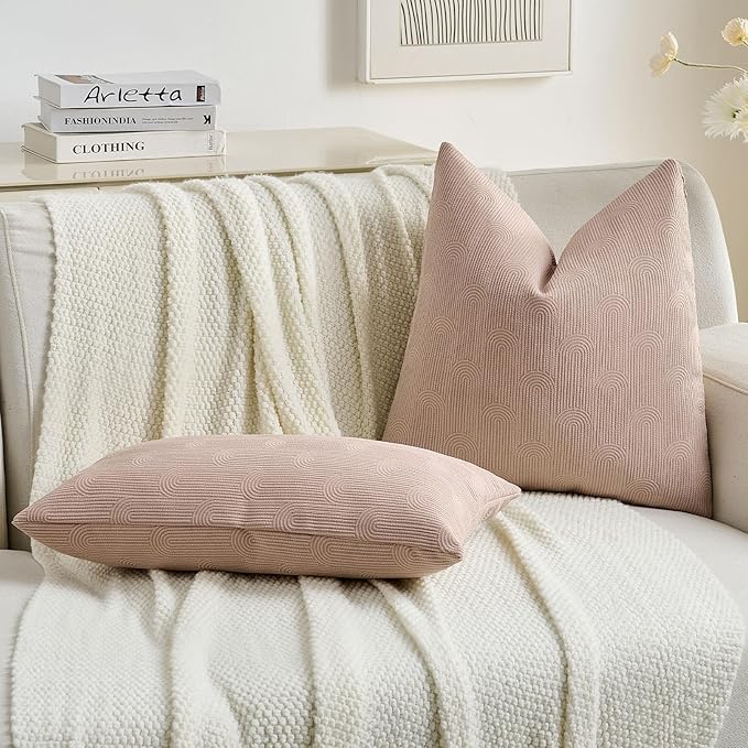 FUTEI Pink Chenille Decorative Throw Pillow Covers 12x20 Inch Set of 2,Soft Cozy Striped Geometric Patterns Lumbar Pillow Cases,Modern Home Decor for Couch Bed Living Room