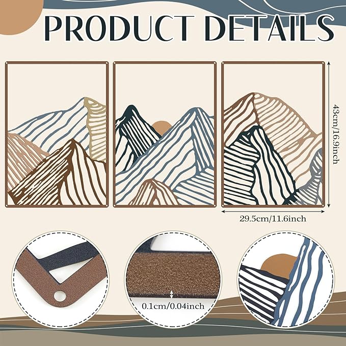 Peryiter 3 Pcs Metal Wall Art Decor Landscape Mountain Wall Hanging Decor for Living Room Abstract Minimalist Modern Mountain Line Pictures Summer Bathroom Office Home Gifts Indoor(Vibrant Colors)