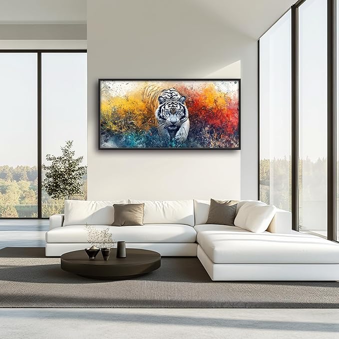 Extra Large Framed Abstract White Tiger Wall Art,Oversized Colorful Cool Tiger Wall Decor,Wild Animal Pictures for Living Room,Canvas Print Painting Modern Artwork Bedroom Office Bathroom 60L x30W