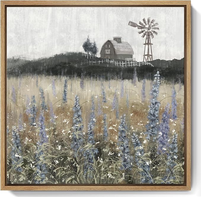 Framed Wall Art Vintage Classical Farmhouse Painting Rustic Countryside Wildflower Field Nature Meadow Landscape Retro Windmill Barn Canvas Print Wilderness Artwork for Bedroom Living Room 14"W x 14"H