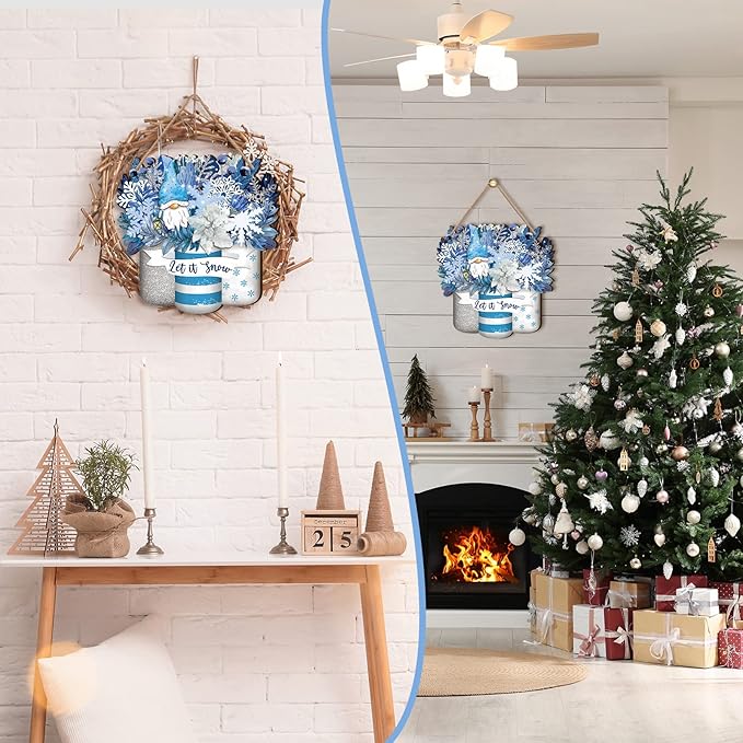 Spiareal Winter Welcome Sign Wood Blue Mason Jar Front Door Decor Winter Wooden Hanging Wreath Outdoor Front Door Decorations for Farmhouse Porch Decoration (Blue Mason Jar Style)