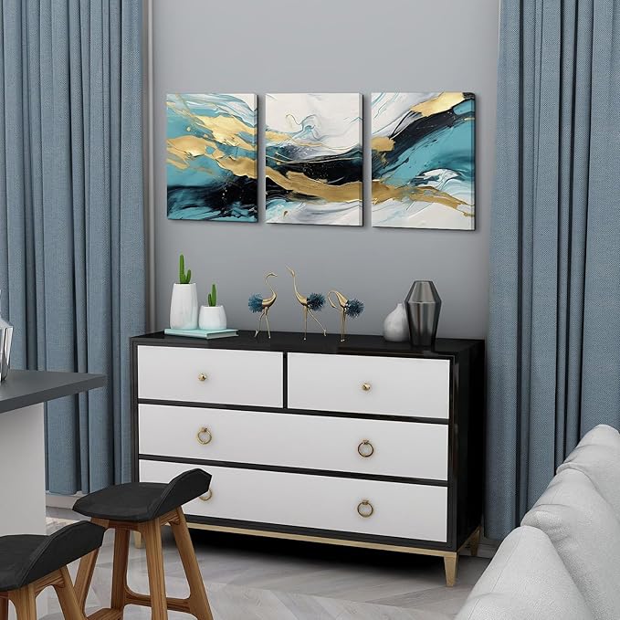 Abstract Teal Canvas Wall Art Bedroom Decor Set of 3 Abstract Gold Line Ink Prints Picture Bathroom Artwork 12x16", Abstract Turquoise Glitter Splash Modern Framed Painting for Living Room Decoration