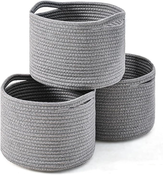 Small Storage Baskets for Organizing, Organizer Baskets for Shelves, Small Woven Basket for Storage, Cute Basket for Gifts Empty, Soft Cotton Rope Baskets, 9.7"×9.7"×7" (3 Packs) Grey