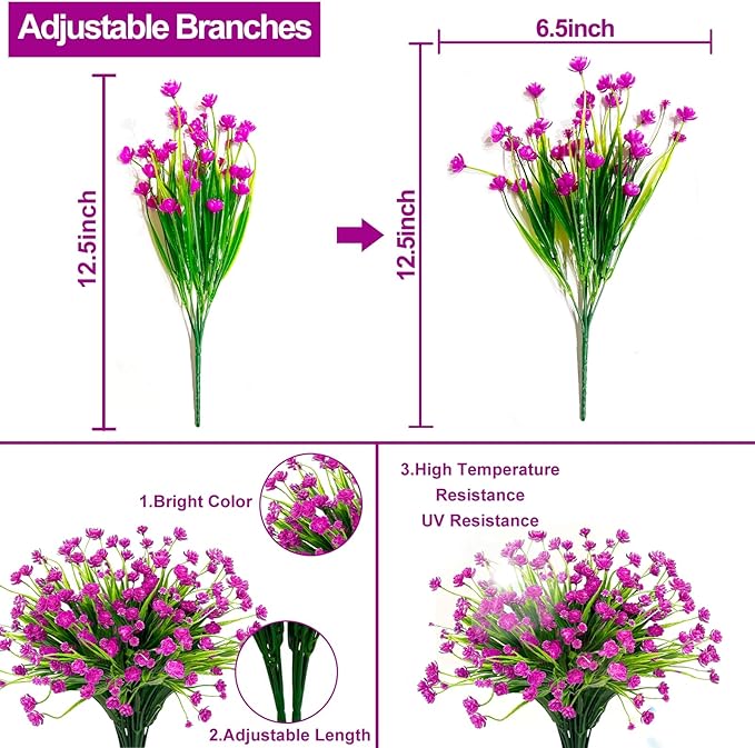 12 Bundles Artificial Flowers for Outdoors Summer Decor, Realistic UV Resistant Fake Plants Faux Plastic Flowers for Outside Planter Home Gardens Patio Porch Yard Spring Cemetery Decor(Magenta)