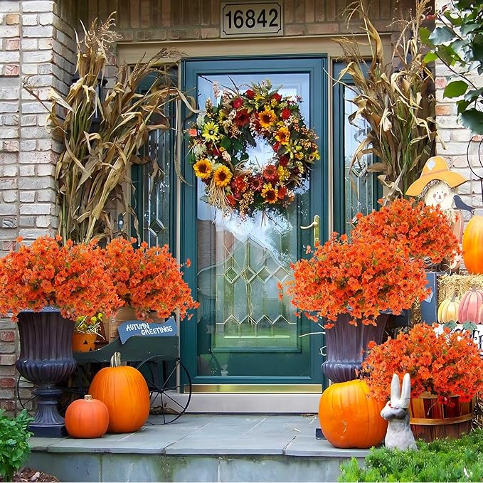 36 Pcs Artificial Mums Flowers Outdoor Plastic Fall Flowers Fake Mums Autumn Greenery Flower for Porch Window Box Farmhouse Thanksgiving Home Decor(36, Orange)
