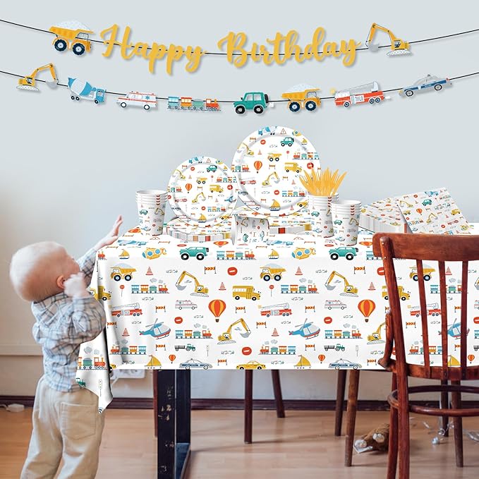 Transportation Birthday Party Supplies,142Pcs Transportation Paper Plates and Napkins Set for Table Decorations Truck Theme Party Decorations for Boy Birthday,Baby Shower Party