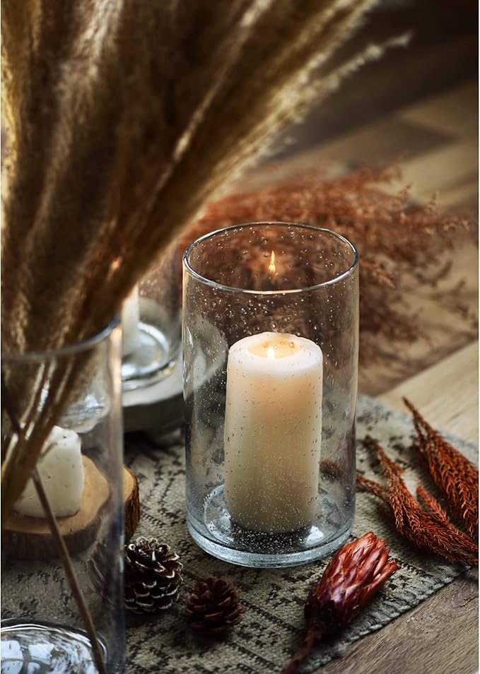 ARIAMOTION Hurricane Candle Holder for Pillar Glass Cylinder Vase Modern Rustic Centerpiece Clear Seeded Home Decor for Kitchen Table Living Room 8" H 1 Pack