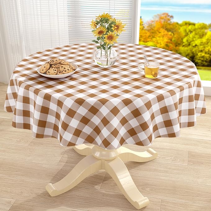 misaya Round Waterproof Vinyl Table Cloth, Buffalo Flannel Backed Tablecloth, Wipeable Plastic Table Cover for Fall, Thanksgiving (60", Brown and White)