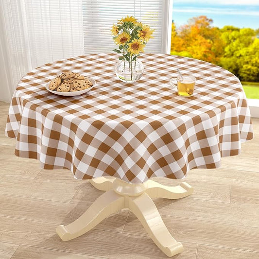 misaya Round Waterproof Vinyl Table Cloth, Buffalo Flannel Backed Tablecloth, Wipeable Plastic Table Cover for Fall, Thanksgiving (60", Brown and White)