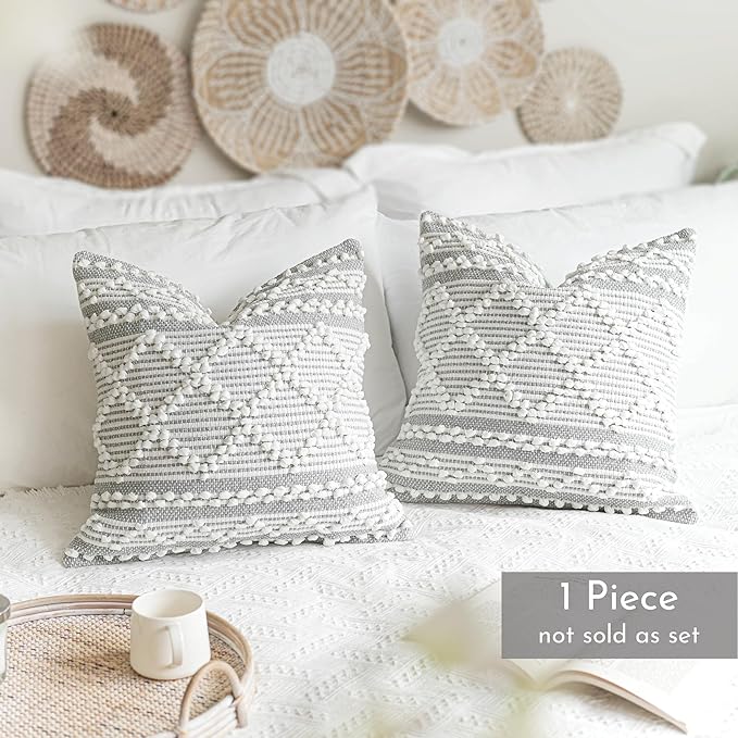 Gray White Decorative Throw Pillow Cover 22X22, Boho Accent Pillow for Couch, Square Modern Farmhouse Pillowcase for Living Room Couch Sofa Cushion Home Décor (Pack of 1)
