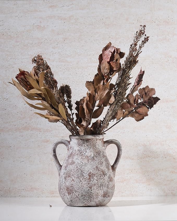 Ceramic Vase Set of 3, Handmade Rustic Farmhouse Vases with Handles, Glazed Interior, Aged Terracotta Finish, Boho Home Decor for Table, Shelf, Mantel, Flower Arrangement