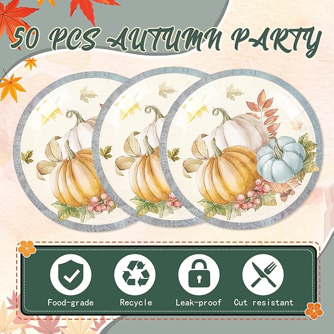50PCS Fall Pumpkins Paper Plates - 7Inch Autumn Theme Dessert Plate for Cake Salad Pizza Pumpkin Maple Leaf Tableware Set Disposable Decoration Supplies for Autumn, Thanksgiving Party