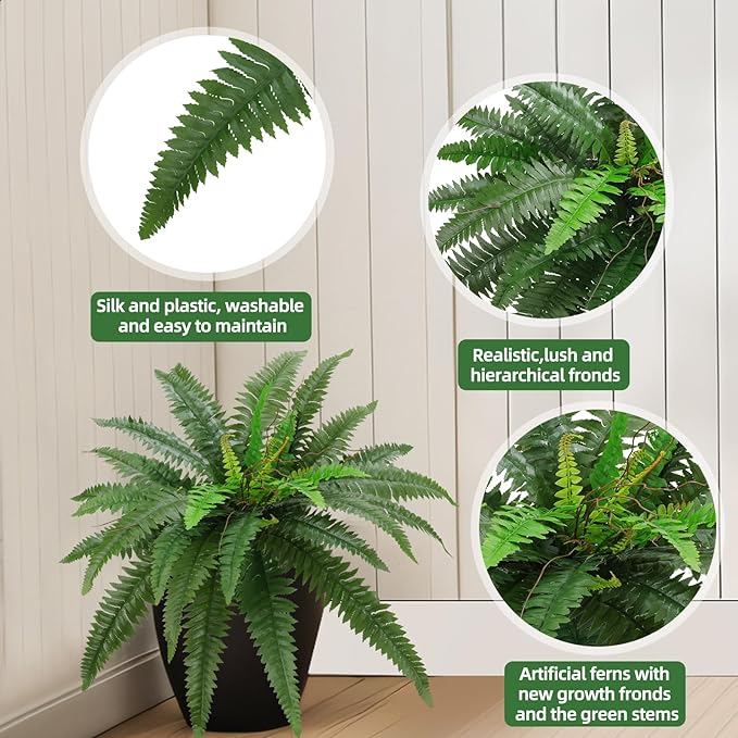 36" Artificial Boston Ferns Bush Plants, Set of 2, Large Faux Ferns Hanging Decor with 39 Fronds, Fake Vines Indoor Or Outdoors Planter for Home and Office Decor