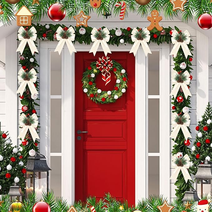 Syhood 6 Pcs Christmas Velvet Bow with Pine Cones Pine Needles Berries Xmas Champagne Ribbon Bow Ornaments 6.3 x 5.1 Inch for Christmas Tree Wreath Garden Fireplace Crafts DIY Decor