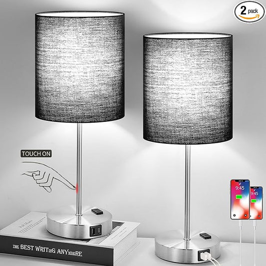 Lynnoland 𝟮𝟬𝟮𝟯 𝗡𝗘𝗪 Set of 2 Touch Control Table Lamps with 2 USB & AC Outlet, 3-Way Dimmable Bedside Nightstand Lamps for Bedroom Living Room Nursery, 800 Lumens 5000K Daylight Bulbs Included