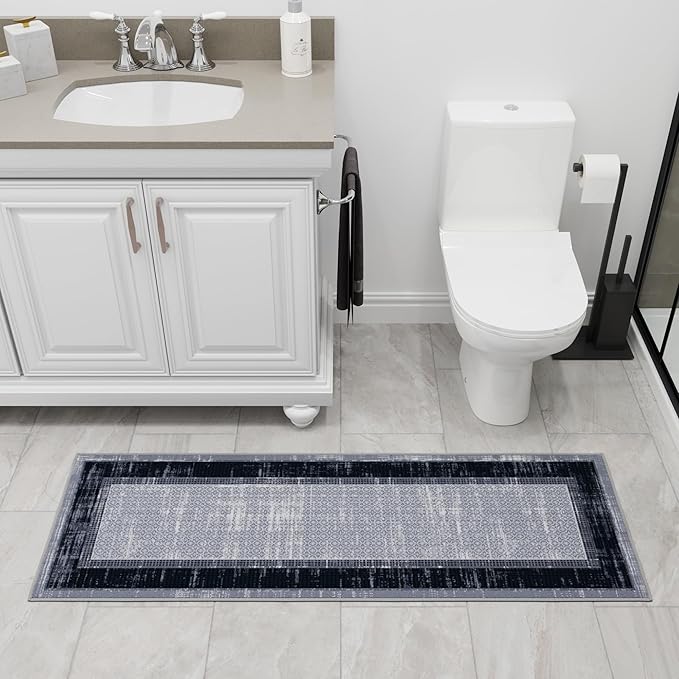 Ottomanson Hallway Runner Rug 20" x 59" Non Slip Border Area Rugs Easy to Clean Laundry Rug Runner Durable & Pet Friendly Floor Carpet Runners for Hallways Entryway Living Room Kitchen, Gray/Navy