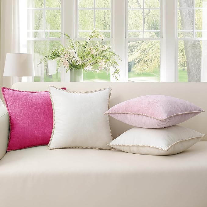 decorUhome Chenille Soft Throw Pillow Covers 16x16 Set of 2, Farmhouse Velvet Neutral Decorative Euro Pillow Covers with Stitched Edge for Couch Sofa Bed Home Decor, Hot Pink