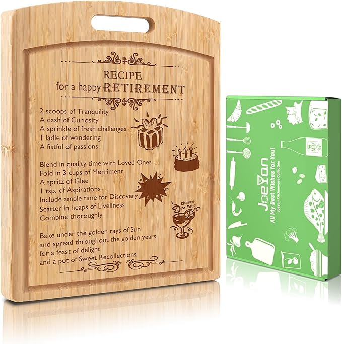 Joeyan Happy Retirement Cutting Board Gifts for Women Men Parents Friends Colleagues in Gift Box with Double Sides Grooves, Large Practical Sturdy Kitchen Chopping Present