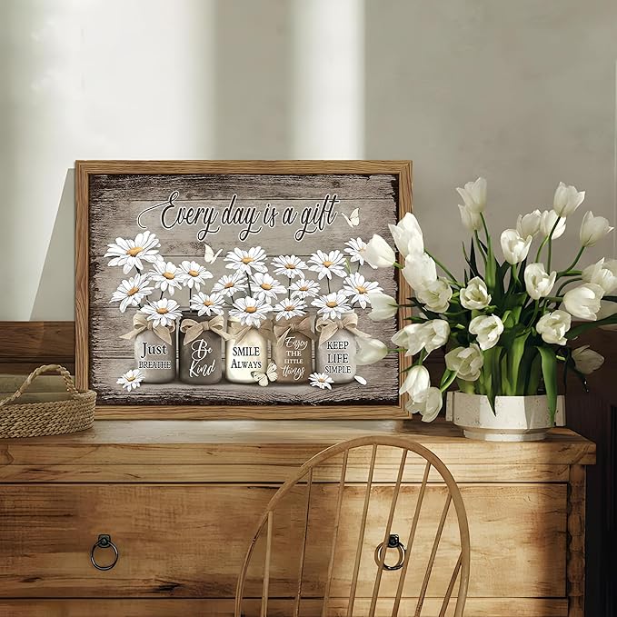 Rustic Bathroom Wall Art, Vintage Daisy Farmhouse Canvas Wall Decor Paintings, Flower Butterfly Inspirational Posters Prints Pictures Artwork for Bathroom Restroom 16x24 Inch Wood Framed
