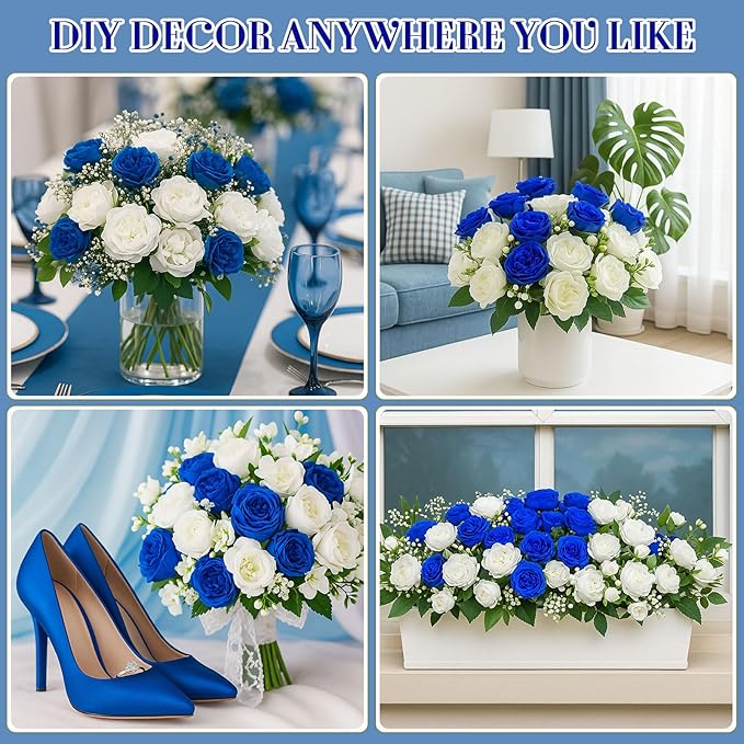 Geosar 8 Bundles Artificial Peonies Flowers Fake Silk Peony Bouquet Faux Peonies Flowers Bulk for Decoration Vase Florals Arrangements Wedding Party Table (Royal Blue,White)