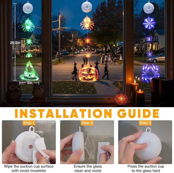 suddus 3 Pack Halloween Lights Battery Operated with Timer, Orange Pumpkin Violet Spider Green Witch Hat Halloween Decor Window Lights with Suction Cup for Home Indoor Party Decorations