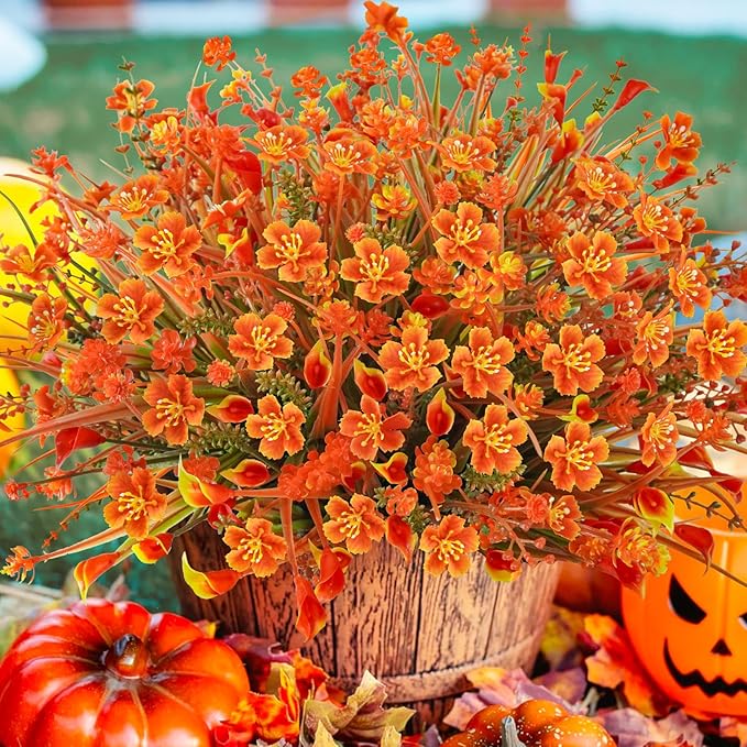 16Pcs Outdoor Fall Flowers UV Resistant Artificial Fall Flowers Autumn Plastic Flowers Plants Fall Greenery Shrubs for Outside Garden Front Porch Patio Thanksgiving Decor