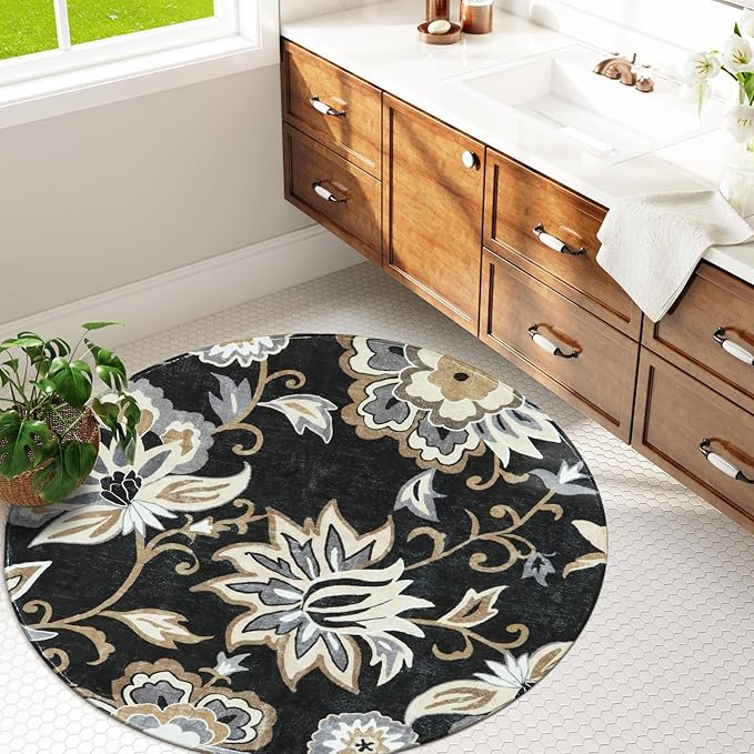 Lahome Floral Black Round Rugs - 3Ft Washable Round Area Rug Non-Slip Small Round Entryway Rug Throw Soft Bedroom Circle Rug Paisley Print Accent Distressed Circular Rug for Bathroom Sofa Living Room