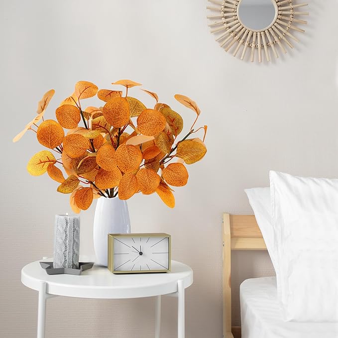 Sggcecsy 6 Pcs Fall Eucalyptus Leaves in Glass Vase 14" Artificial Autumn Stems Silver Dollar Leaves Fake Silk Branches with Vase for Indoor Home Autumn Festival Thanksgiving Decor