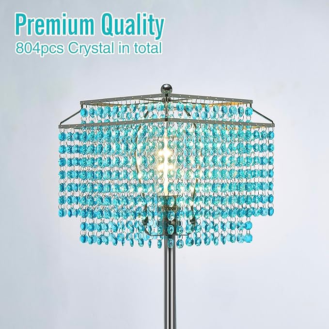 Luvkczc Crystal Floor Lamp Blue, 64" Tall Elegant Standing Lamp with On-Off Foot Switch, Double-Layer Lampshade, Light Blue Standing Lamps for Living Room, Bedroom, Office, 8W Bulb Included