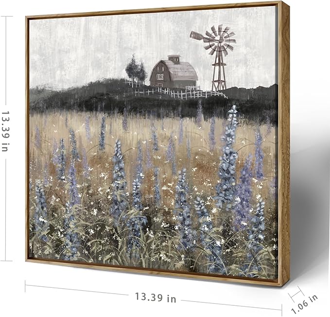 Framed Wall Art Vintage Classical Farmhouse Painting Rustic Countryside Wildflower Field Nature Meadow Landscape Retro Windmill Barn Canvas Print Wilderness Artwork for Bedroom Living Room 14"W x 14"H