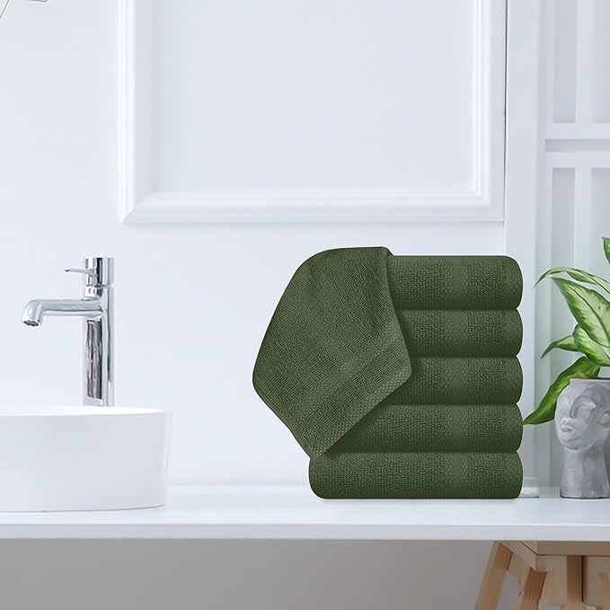 GLAMBURG Ultra Soft 12-Piece Washcloths Set 13x13-100% Ringspun Cotton - Durable & Highly Absorbent Face Towels - Ideal for use in Bathroom, Kitchen, Gym, Spa & General Cleaning - Olive Green