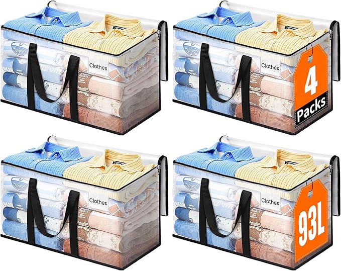 Extra Large Heavy Duty Moving Bags, Storage Bags with Strong Zippers & Handles, Packing Bags for Moving Essentials, Ideal Storage Tote for Home, Dorm & Storage Solutions, 93L, 4 Packs, Clear