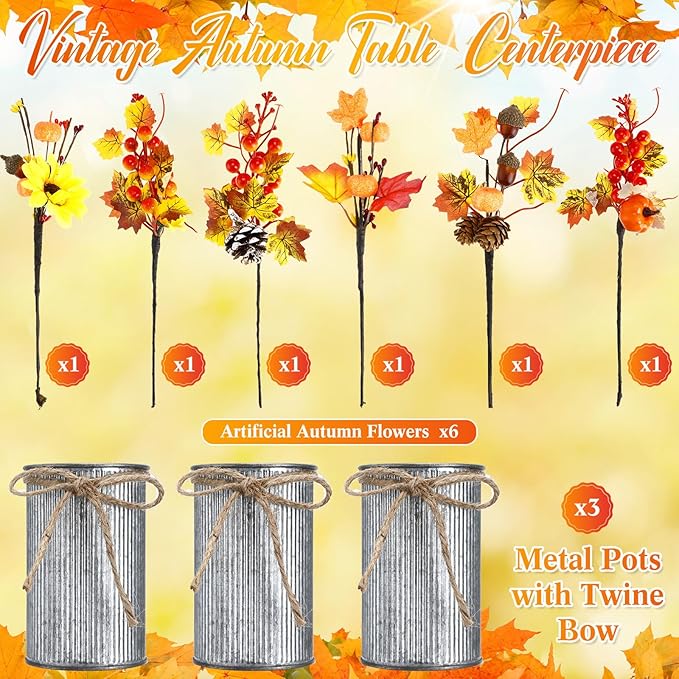 Zeyune 3 Sets Fall Thanksgiving Table Centerpiece Decoration Harvest Artificial Flower Stem Pumpkin Maple Berry Pick with Metal Pot for Autumn Rustic Farmhouse Home Kitchen Dining Indoor Decoration