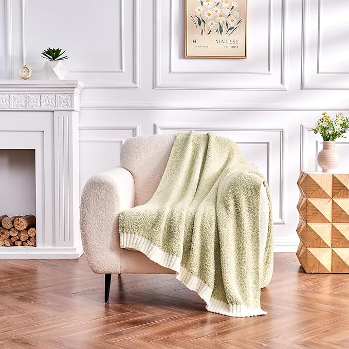 CozeCube Melange Blanket, Ultra Soft Sage Green and White Throw Blanket, Warm Cozy Knit Fuzzy Plush Reversible Throw for Couch Bed Sofa, 60"x80"